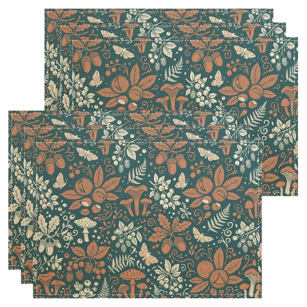 4/6pcs Mushroom Woodland Placemats, Rustic Folk Botanical Style in Teal and Terracotta, Repeating Mushrooms Ferns Leaves Berries and Tiny Flowers, for Dining Table Kitchen Cabin Dining Room and Cottagecore Home Decor