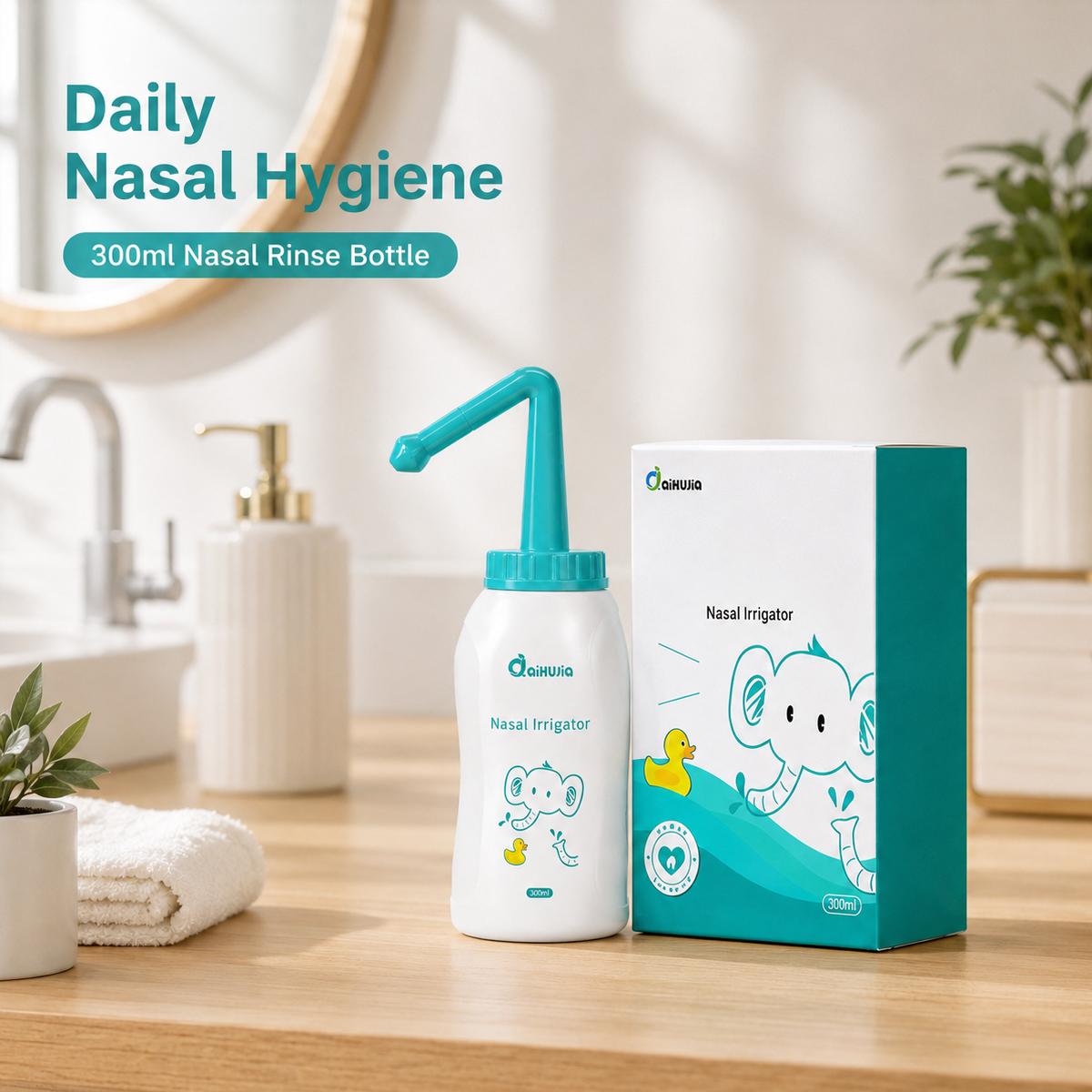 300ml Neti Pot Sinus Rinse Bottle, Pressure Nasal Irrigation Wash Sinus Rinsing Bottle,Cartoon elephant pattern, Single hole and 3-hole nasal irrigation device, Nose Cleaner, Manual Nasal Washer,for Daily Nasal Hygiene, Allergy,Sinus Congestion