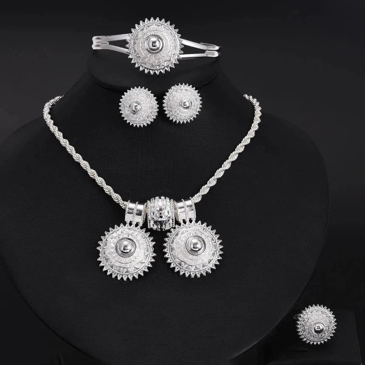 Ethiopian Silver Color Jewelry sets Exquisite Pendant Earrings Bangle Ring African Eritrean Wedding Romantic Gifts