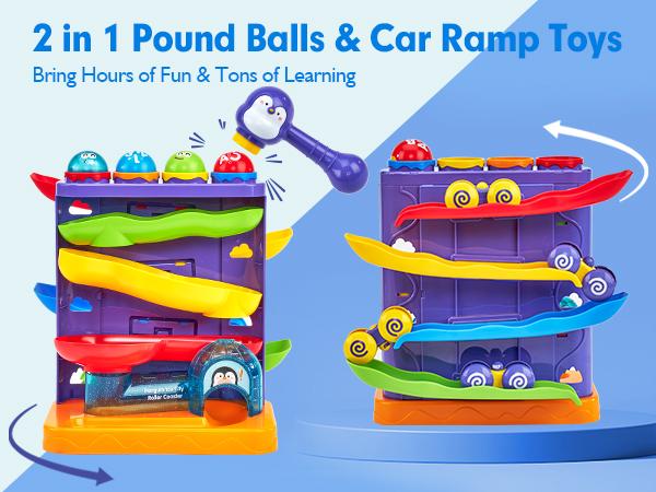 Hahaland 2 in 1 Pound Ball Toy & Car Ramp Race Track，Toddler Toys for 1 Year Old Boy，Learning Early Developmental Montessori Toys for 2 Year Old Christmas Birthday Easter Gifts Stocking Stuffers