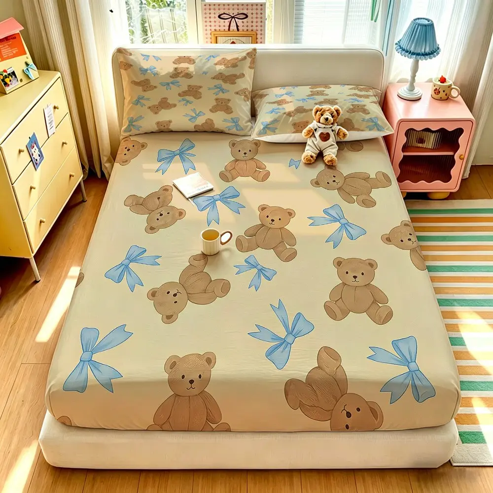 3pcs digital printed bed sheet set with teddy bear bow pattern bedding set, including 1 bed sheet and 2 pillowcases, coreless, soft and comfortable bed cover, deep pocket design, can be used as a gift Cute Bedding