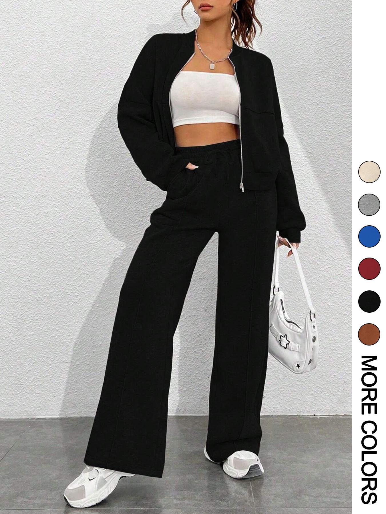 Women's Solid Zip Up Crop Jacket & Drawstring Waist Pants Two-piece Set, Casual Fashion Drop Shoulder Long Sleeve Top & High Waist Trousers for Daily Outdoor Wear, Women's Clothing for Spring & Fall