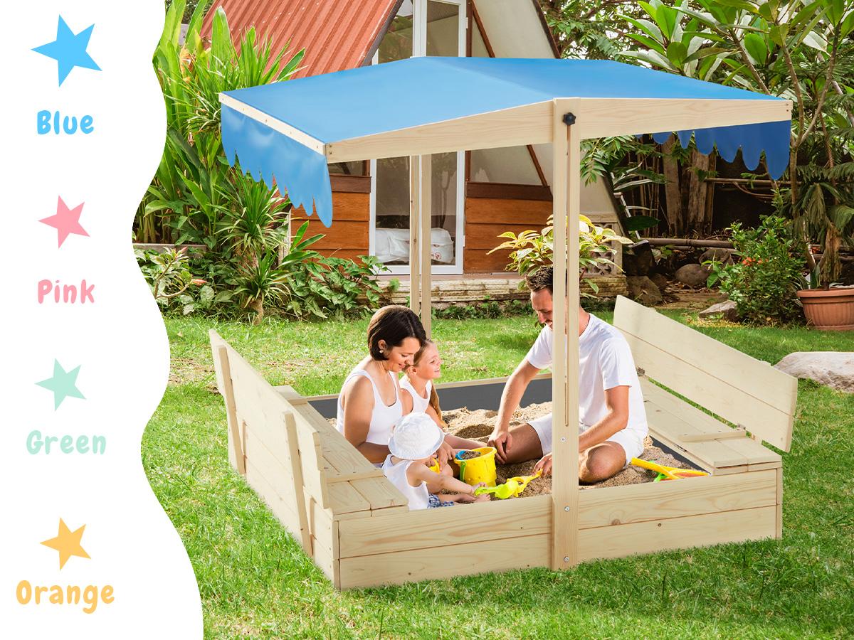 Sandbox with Lid, Kids Sandbox with Cover and Height Adjustable Roof, Outdoor Sandbox with Foldable Bench Seats and Sand Protection Liner for Aged 3-8, Perfect for Backyard Fun , Beach, Lawn Wooden Playtime