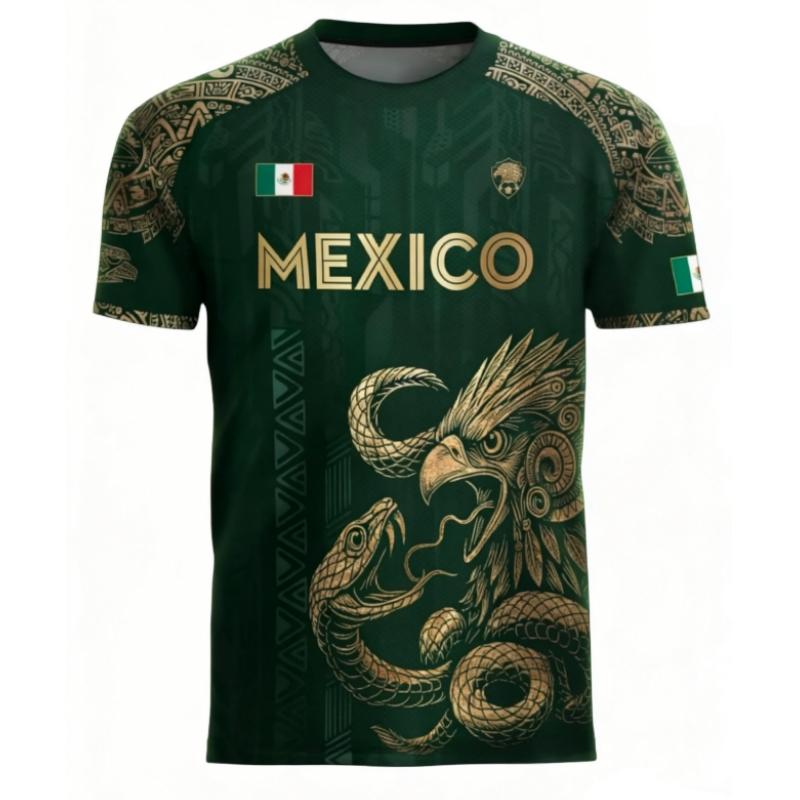 Mexican Aztec Eagle Traditional Soccer Jersey, Jersey Tee, Soccer Shirt, Full Print Design, Casual Comfort, Unique Animal Tribal Patterns, Classic Retro Style, Casual Sports Jersey