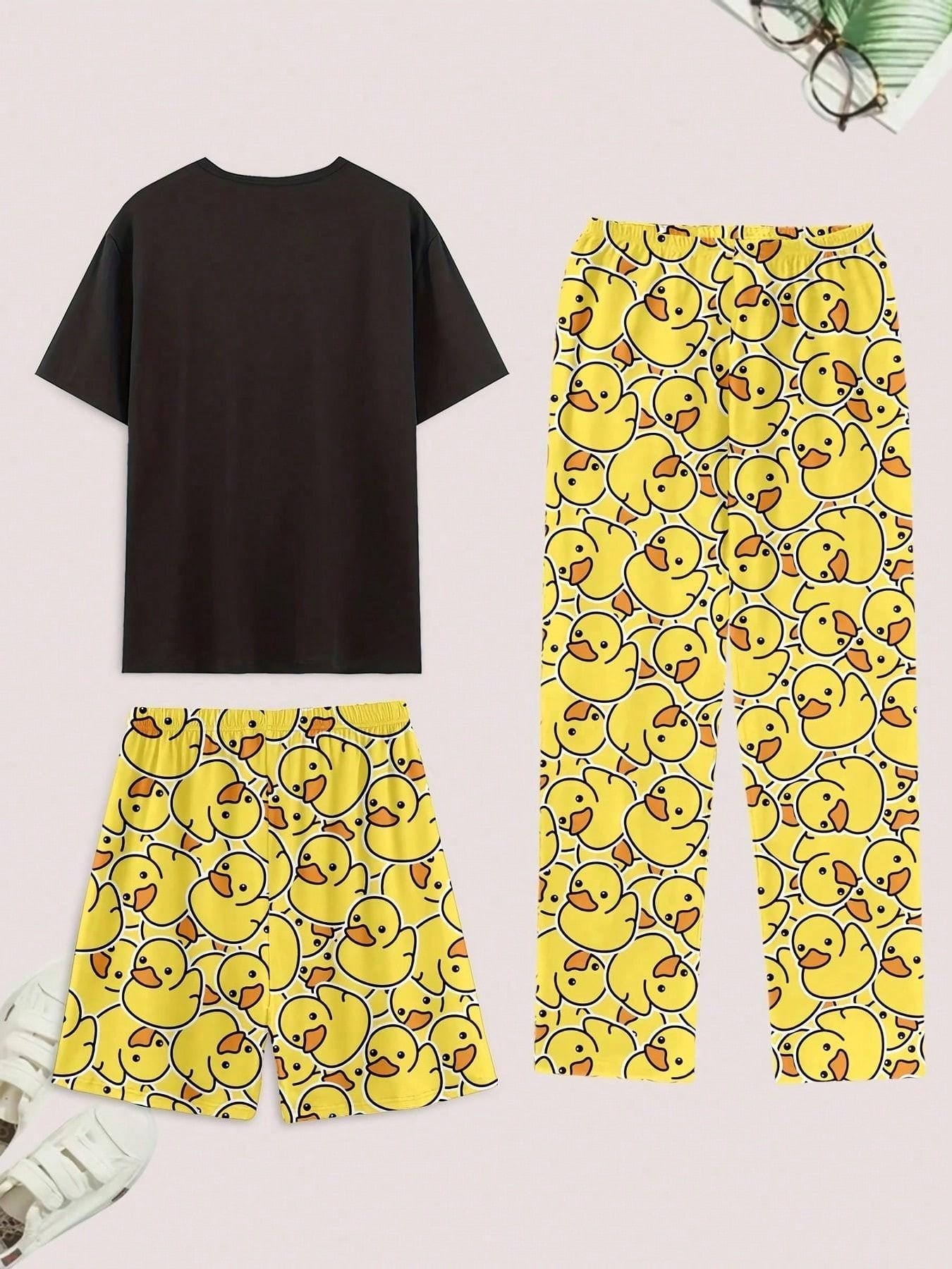 Boys' Cute Duck Home Set, Colorblock Letter Print, Short Sleeve, Shorts & Long Pants, Multi-Use Bedroom Lounge Wear, Duck Pjs