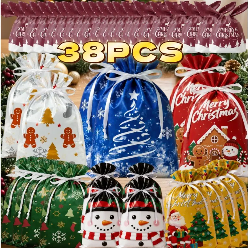 Christmas Bags 38Pcs Christmas Drawstring Gift Bags Assorted Sizes Large Medium Small Wrapping Bags 7 Design Goody Bags for Presents Gift Bags for Party