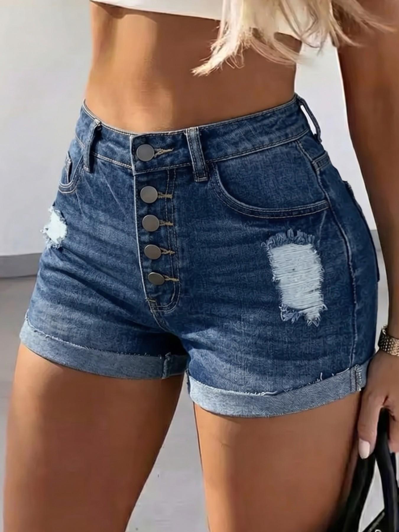 Women's High Waisted Denim Shorts, Multi Button Fly, Stretchy, Distressed Ripped, Pockets, Y2K Style, Chic, Casual Streetwear, Spring Summer