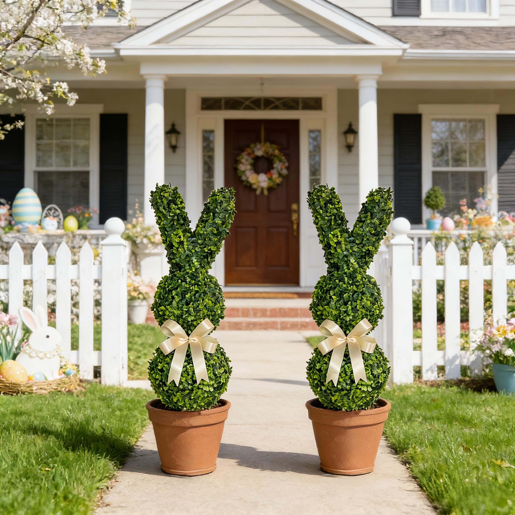 Artificial Easter Bunny Shaped Plastic Pruned Tree, Cute Rabbit Top Plant, Boxed Potted Plant for Home Garden Festive Decoration, Fake Indoor Plants