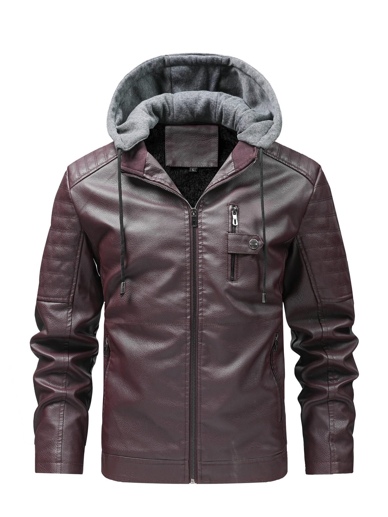 2026 Fall Winter New Plain Color Detachable Hat Leather Jacket Men's Youth Motorcycle Coat, Fleece Lined Hooded Leather Jacket for Men