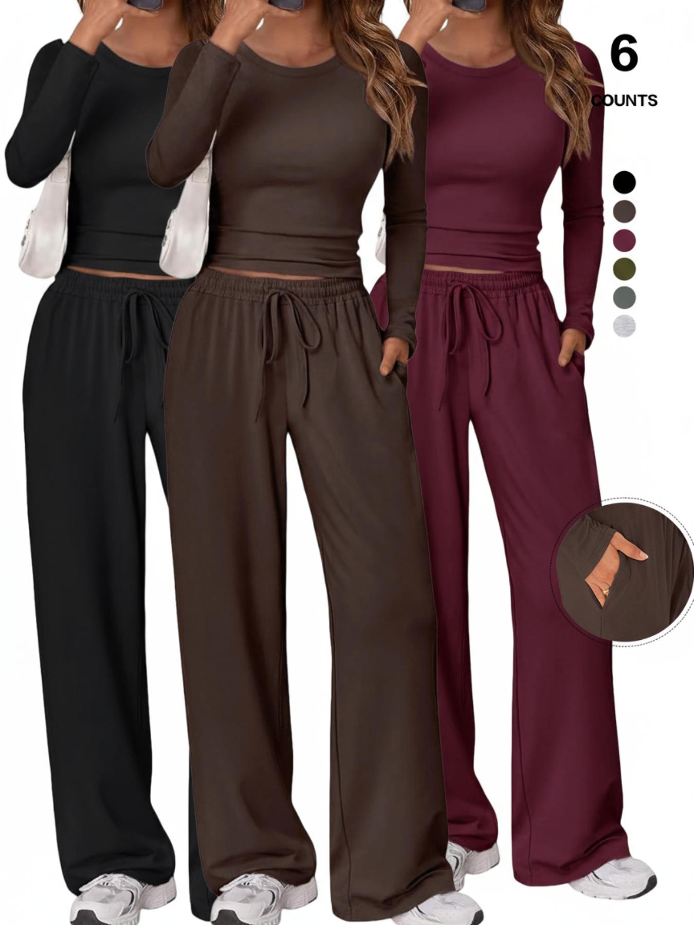 2026 Women's 2 Piece Matching Loungewear Set, Long Sleeve Slightly Crop Top & Wide Leg Drawstring Pants, Casual Sweatsuit for Comfortable Wear