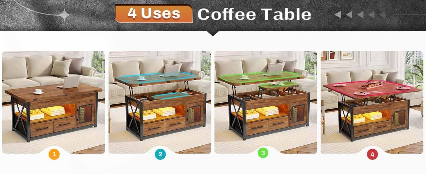 Sikaic 40 Inches 4 In 1 Lift Top Coffee Table With Storage Cabinet 2 Fabric Drawers & LED Light For Dining Room Livingroom Furniture Luxury Modern Interior