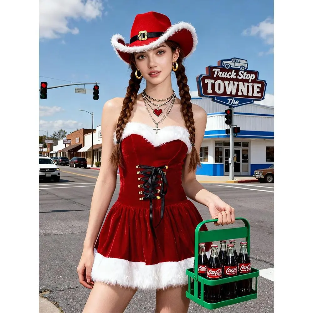 Plush Santa Claus Clothing Sets New Year XMAS Party, Female Christmas Cosplay Costume Fancy Dress