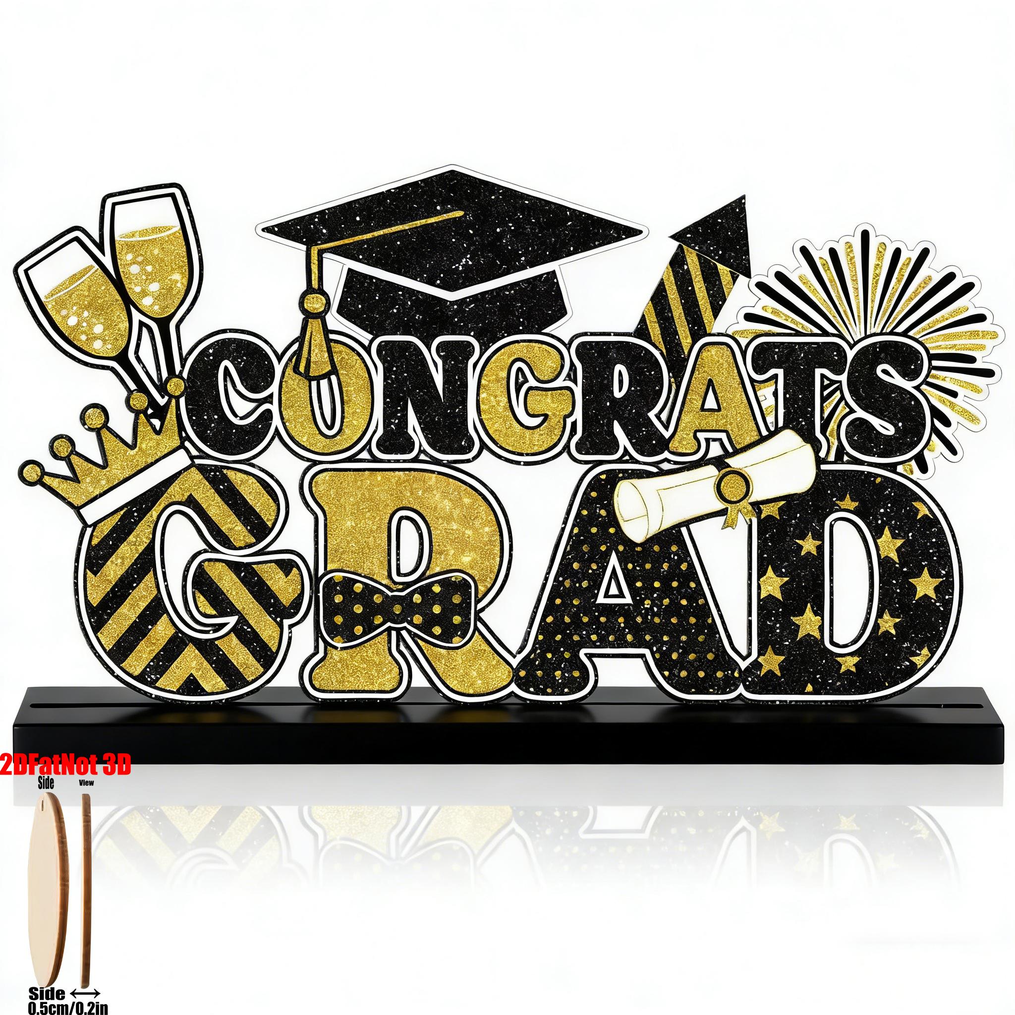 2D Graduation Table Sign, and, Wooden Base, Centerpiece Decor, Suitable for Desk, Fireplace, Party Supplies