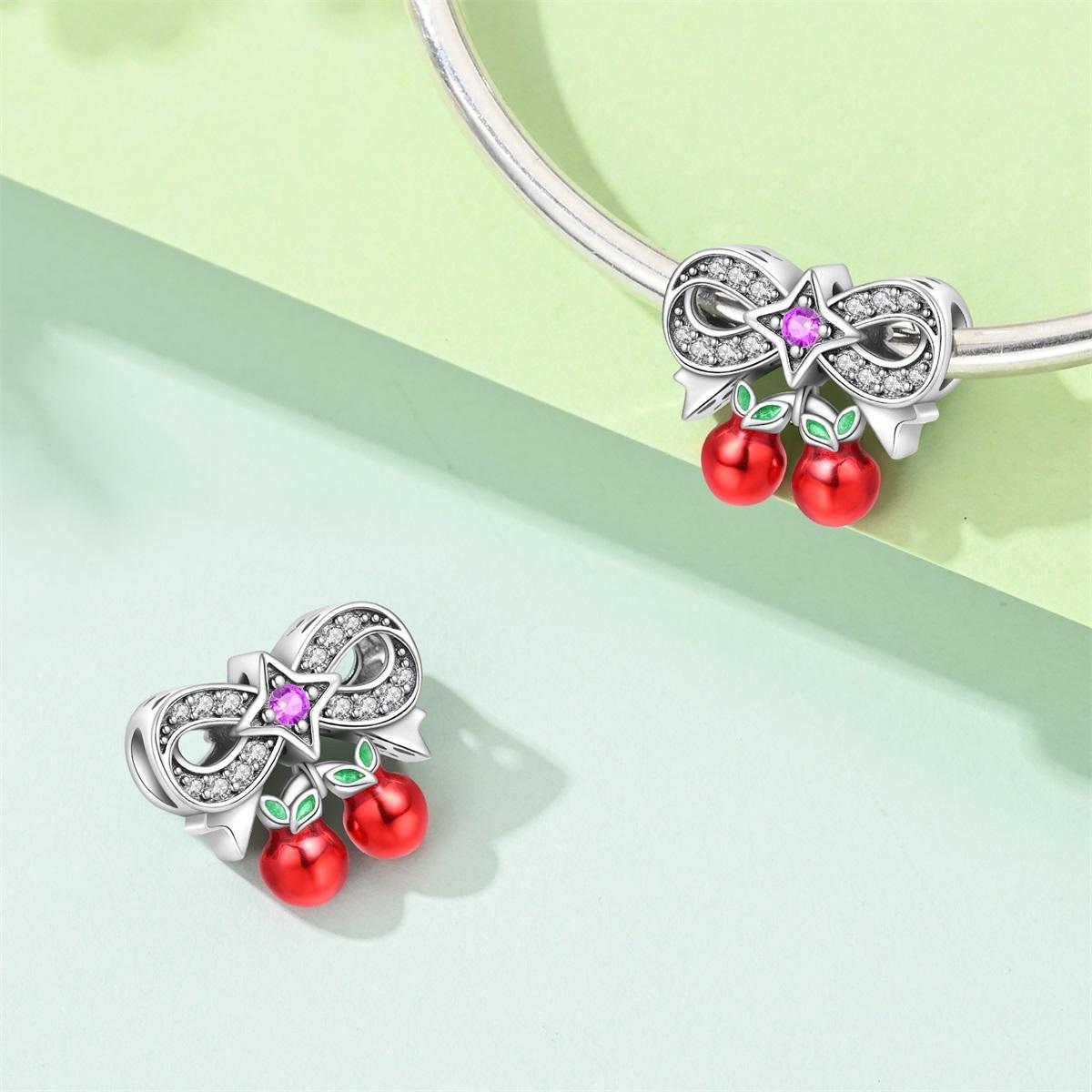 Cherry Bow Charm with Star Gem, Fruit & Leaf Enamel, Cute Girly Jewelry for Pandora Bracelet, Elegant Accessory