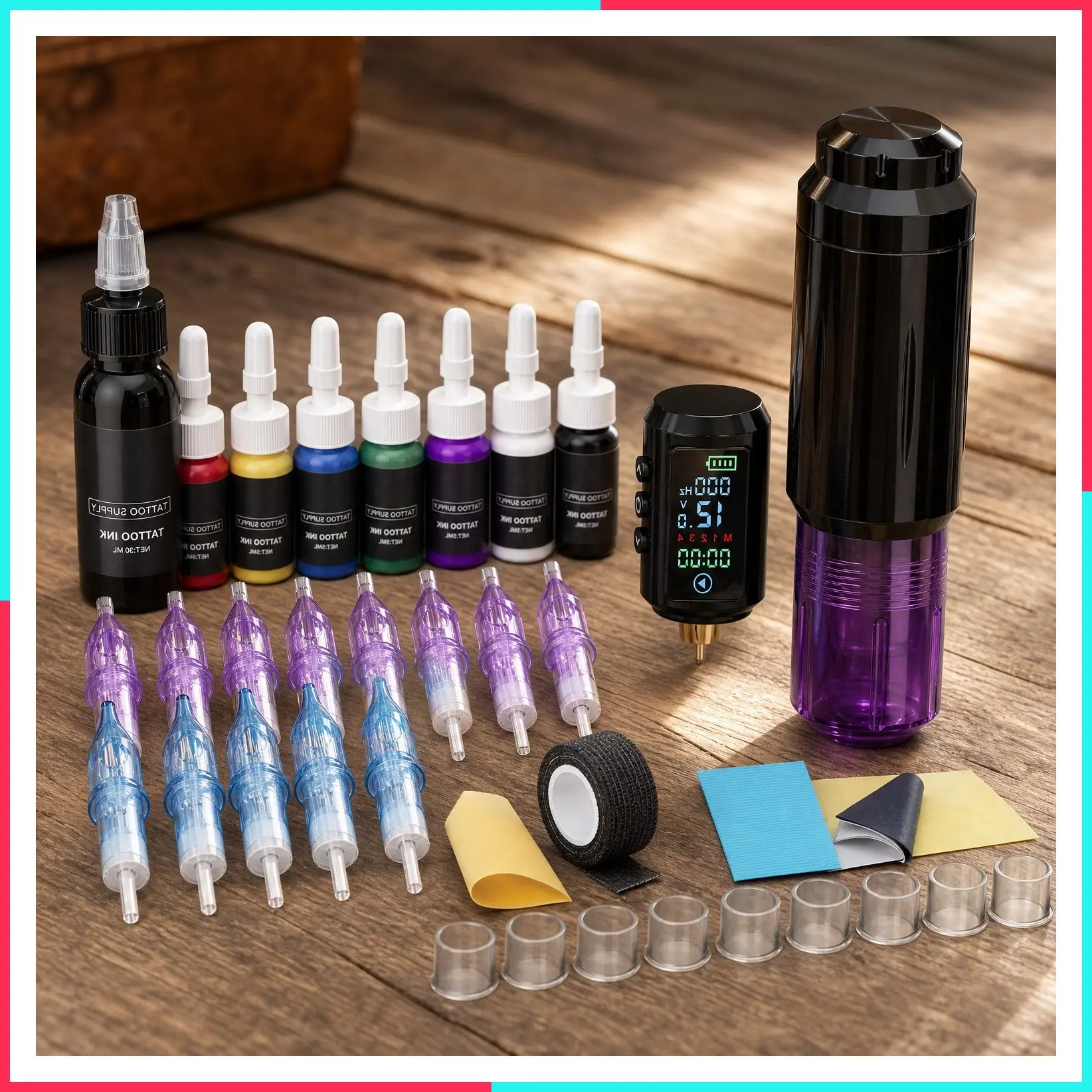 Wireless Purple Tattoo Gun Kit Complete Set with 1600mAh Battery, Lining/Shading Cartridges for Beginners & Artists, Home & Studio Use
