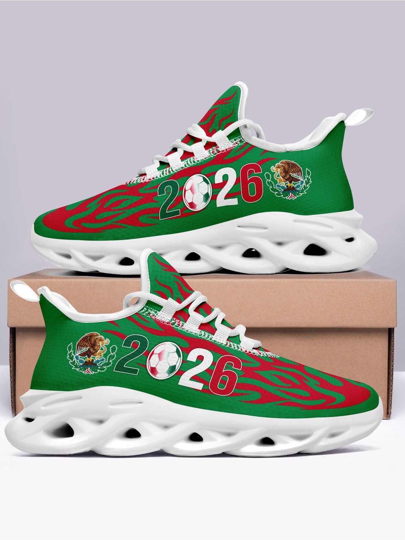 Men's Mexico 2026 Green Red Flame Soccer Eagle Print Sport Shoes, Wide Fit, Plus Size, Trendy Casual Sneakers for Daily Walking, Gym & Outdoor