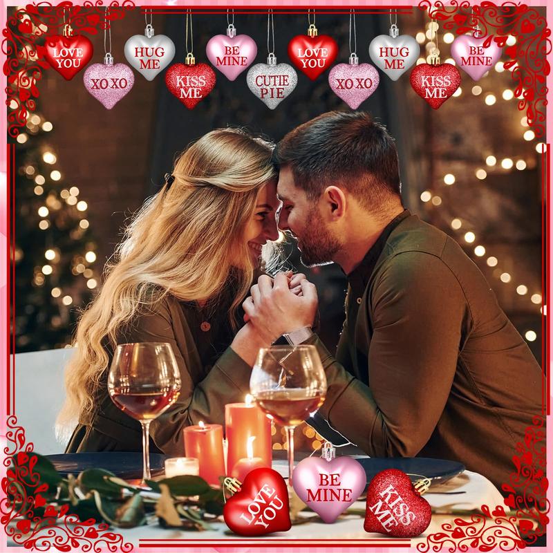 60 Pcs Valentine's Day Heart Shaped Hanging Ornaments with Love Letter for Valentines Tree Birch Tree, Red Pink Silver Glitter Heart Baubles Romantic Atmosphere Valentines Decor for Tabletop Bedside Bedrooms Room Mantle Birthday Wedding Party Home Decor