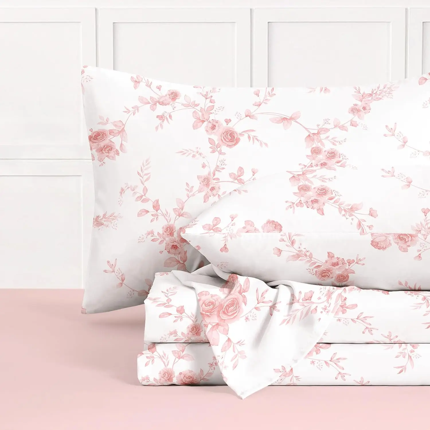 - Floral Bed Sheets, 4-Piece Sheet Set, Rose Pattern Printed Coquette Cottagecore Farmhouse Vintage Bedding, Deep, Pink White, Queen Size