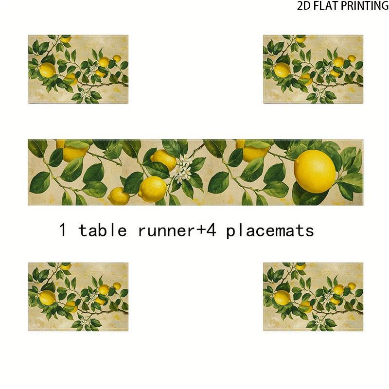 2D flat printing, 5-piece/7-piece watercolor lemon table flag placemat set, with green leaves for summer tabletop decoration and holiday kitchen table decoration, suitable for home gatherings, indoor decoration, and home decor