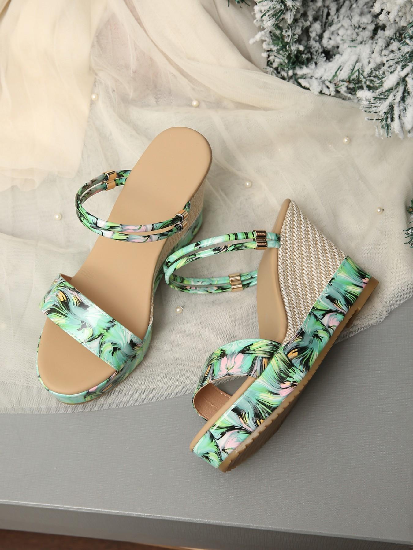Women's Floral Print Wedge Sandals, Cross Strap Anklet, Dual Buckle, Open Toe, Boho Style, Casual/beach/dating Shoes