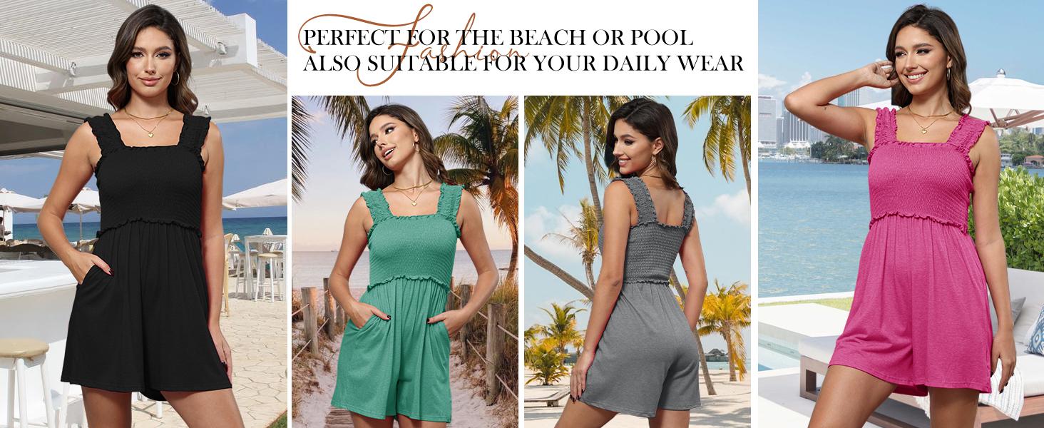 Chulianyouhuo Women's Black Fitted Rompers with Square Neck & Ruffle Straps - Sleeveless Smocked Loose Jumpsuit with Pockets for Casual Wear S-3XL Minimalist Womenswear