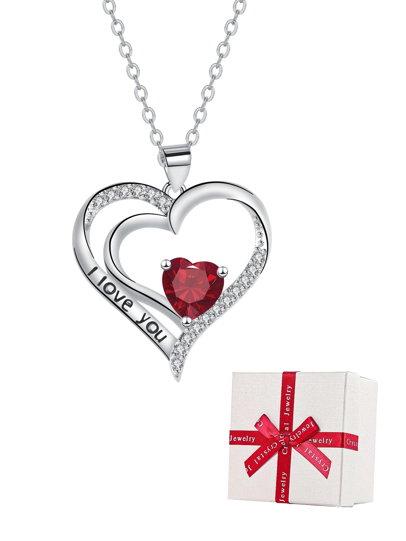 Heart Shaped Cz Birthstone Necklace, I Love You Pendant, Mos Bear Rose Jewelry Gift Box, Girlfriend Birthday Anniversary Present, Exquisite Jewelry Gift