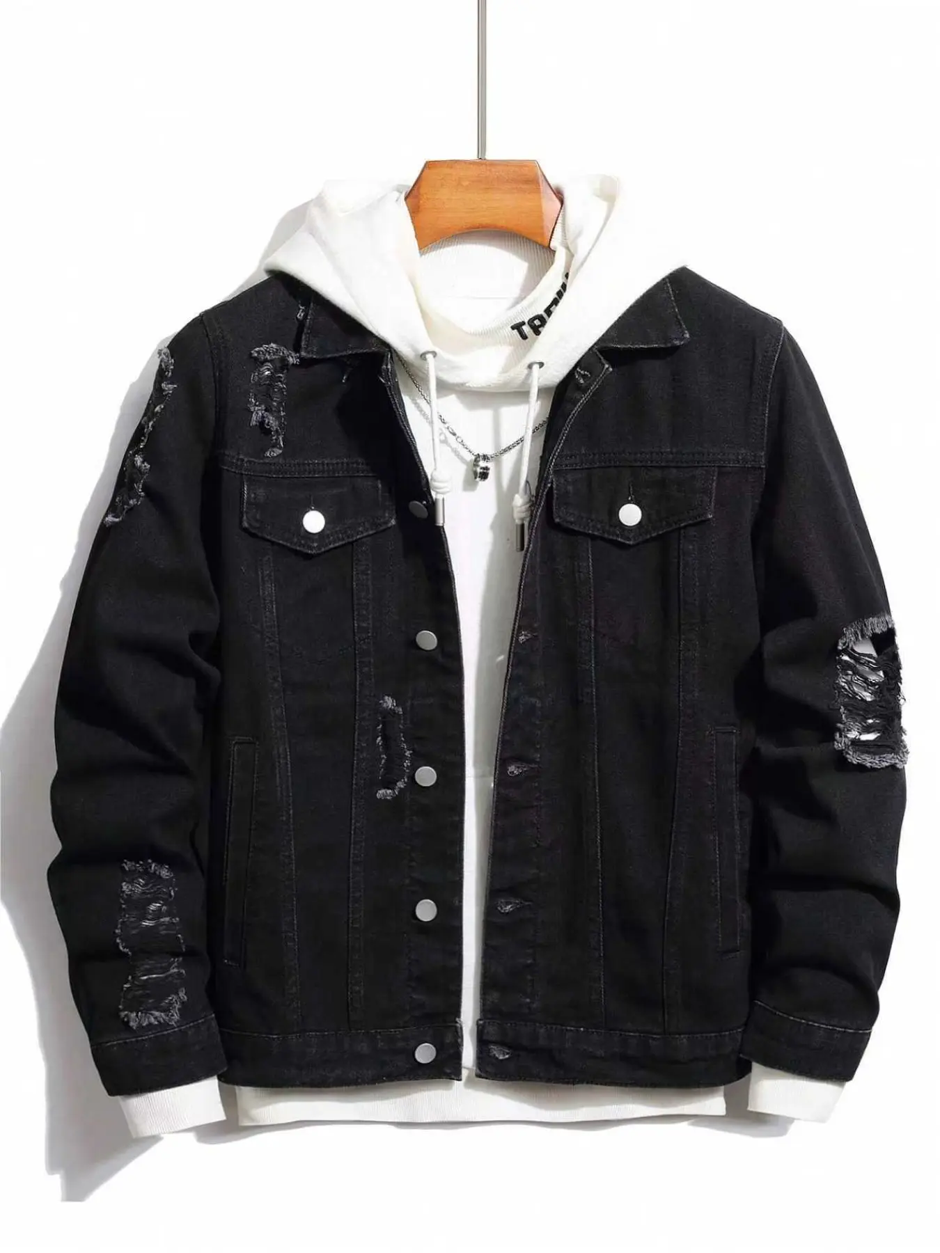 Men's Fashion Casual Street Denim Jacket, Casual Loose Jacket, Distressed Multi-Pocket, All-Match, American Minimalist College Style, Autumn/winter Outerwear