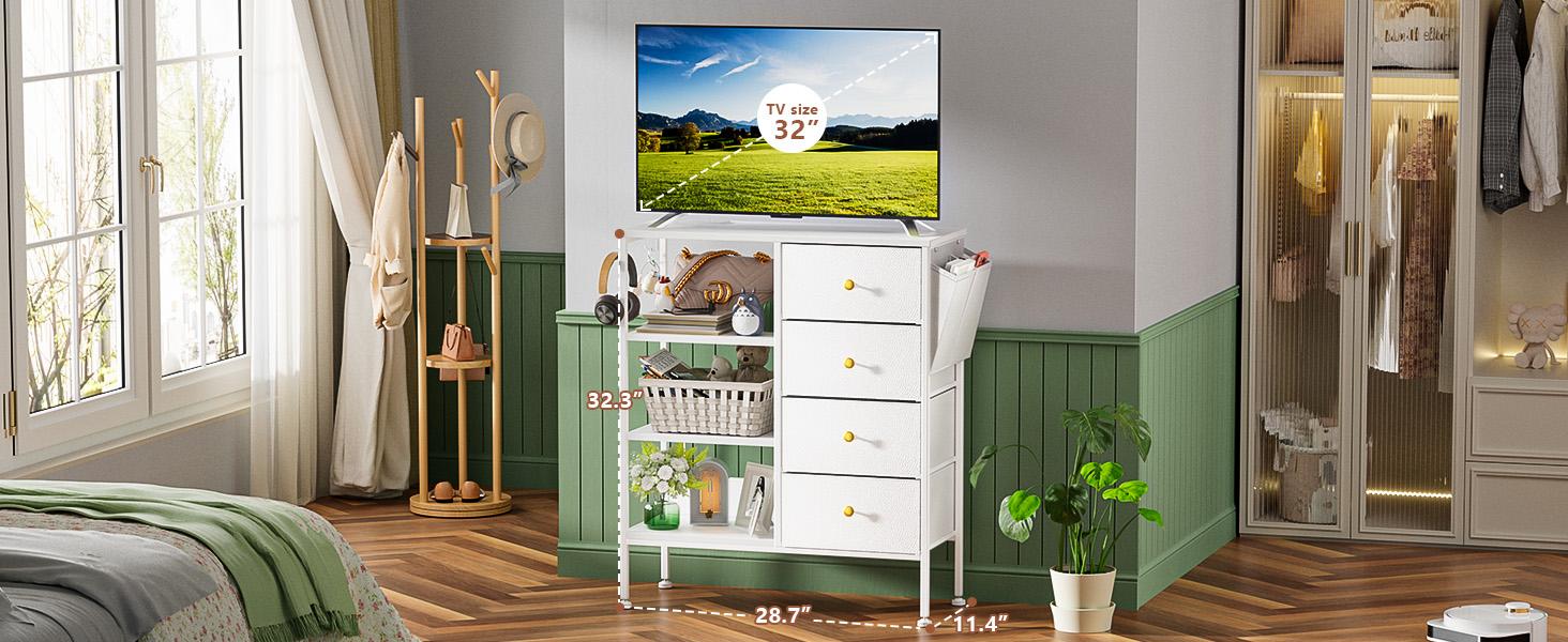 Tall Nightstand with LED Light & Charging Station – Bedside Table with 4 Drawers & 3-Tier Open Shelf, Modern Storage Cabinet with Wood Top & Metal Frame for Bedroom, Living Room, Apartment, 28.3"W x 11.4"D x 31.9"H