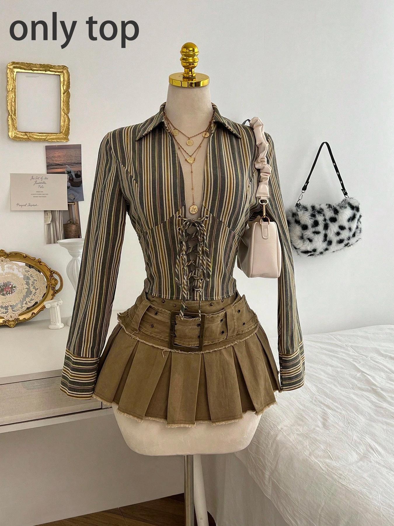 1 Piece  Retro Striped Waist-Cinched Shirt Set | Euro-Hong Kong Style | Deep V Drawstring + Slim-Fit Silhouette | Elegant Pick for Daily Commute / Coffee Dates （only top）