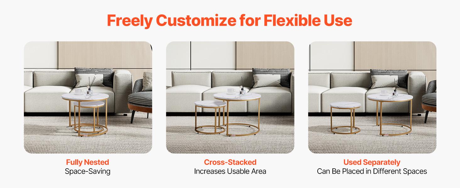 VEVOR Nesting Coffee Table Set of 2, 23.6 in Round Coffee Table, Nesting Tables for Small Place, Vintage End Side Tables Night Stand with Metal Frame, for Living Room, Bedroom, Office (White Gold) VEVOR Nesting Coffee Table Set of 2, 23.6 in Round Coffee Table, Nesting Tables for Small Place, Vintage End Side Tables Night Stand with Metal Frame, for Living Room, Bedroom, Office (White Gold)