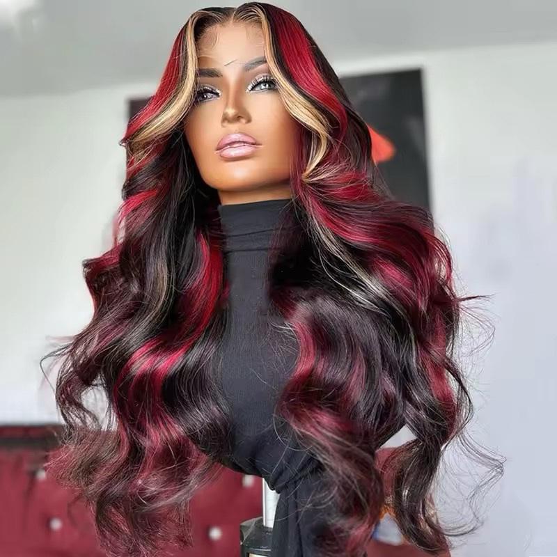 Body Wave Black Red Blonde Highlights Human Hair Wig  Transparent Lace Frontal Wigs Pre Plucked with Baby Hair 180% Density Blonde Red Highlights Wig 13X4 Pre Plucked Lace Front Wig