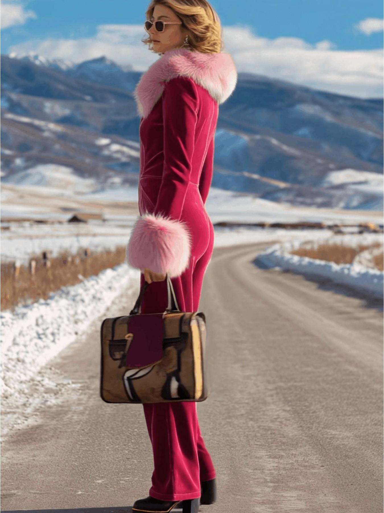 Women's Elegant Velvet Lapel Zipper Jumpsuit with Fur Collar, Slim-Fitting Sexy Aesthetic Design for Spring Fashion, Stylish Ladies'