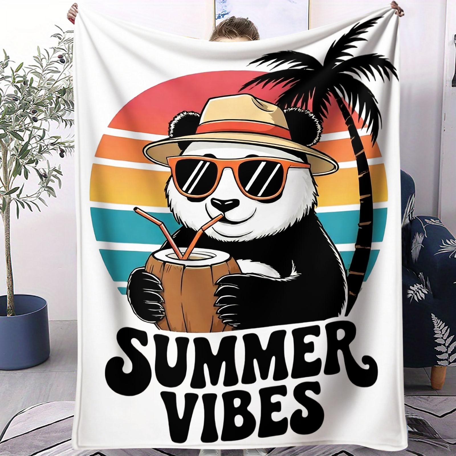 Summer Vibes Panda Flannel Blanket, Cute Tropical Palm Tree Print Throw Blanket, Ultra Soft Warm Blanket, Fun Beach Themed Gift Blanket for Kids, Teens & Panda Lovers
