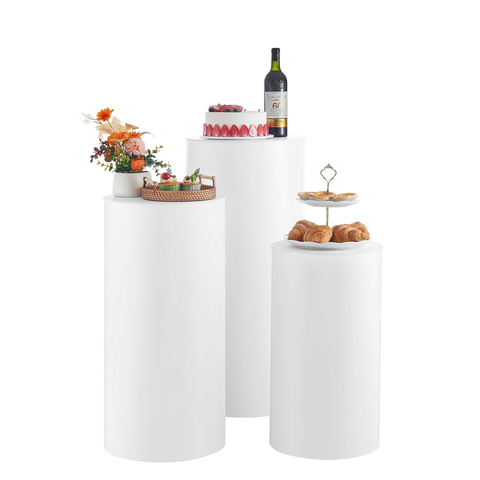 VEVOR Wedding Flower Stand, 3PCS 23.62/29.53/35.43 inch Round Cylinder Plinth, White Pedestal Stand with PVC Lid, Cylindrical Pedestal Stands for Wedding, Party, Birthday, Art Decor, 33.07 lbs Load