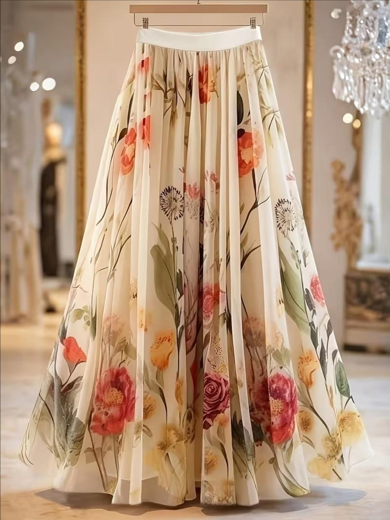 Women's Floral Print Long Skirt, Sheer Mesh Material, Elegant Half-Length Dress, Perfect for Casual & Special Occasions