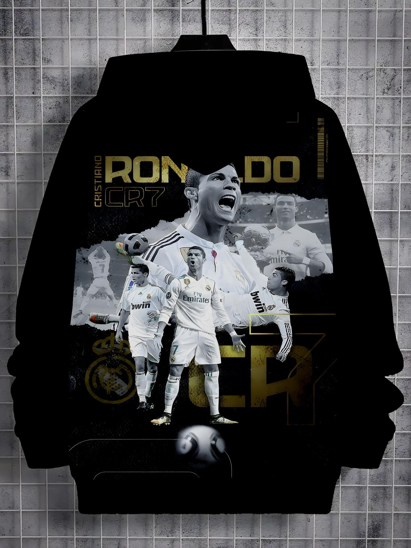Base Ronaldo Cr7 Gold Foil Print Hoodie, Boys' Football Theme Long Sleeve Pullover, Casual Loose-Fit H-Type Design