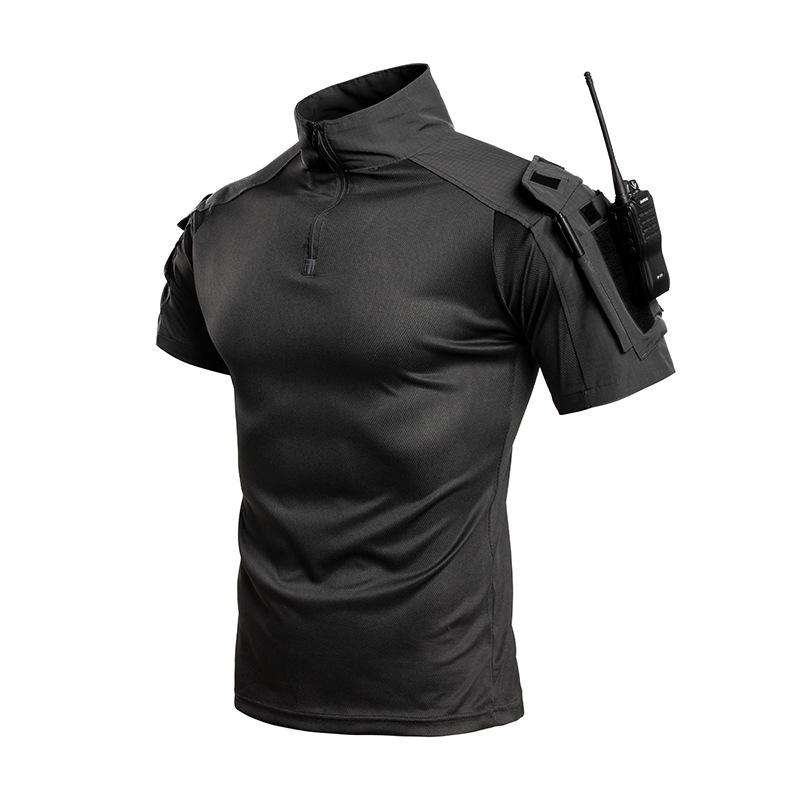 Men's Tactical Short Sleeve T-Shirt, 1/4 Zip Combat Shirt with Arm Pockets, Breathable Quick Dry Military Top for Hiking, Hunting & Outdoor