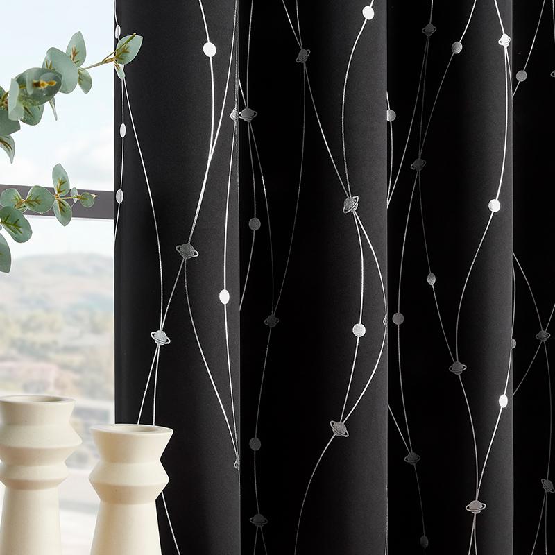 2-Panel 52×96 In Blackout Curtains - Black with Silver Wave Dot Print, Polyester Foil Thermal Insulated, Noise Reducing Rod Pocket Drapes for Living Room Decor, Modern Dark Tones Bedroom