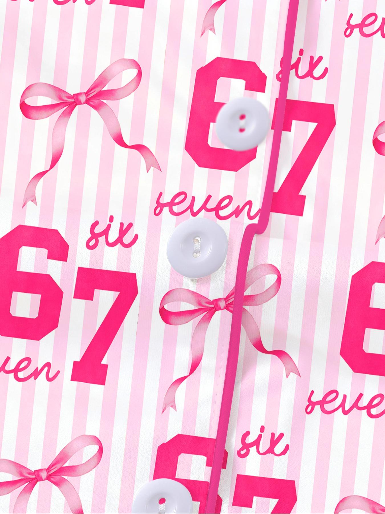 Striped Pajama Set, Fire-Retardant Button-Front Ruffled Shirt & Elastic-Waist Shorts, Casual Cartoon Print Sleepwear