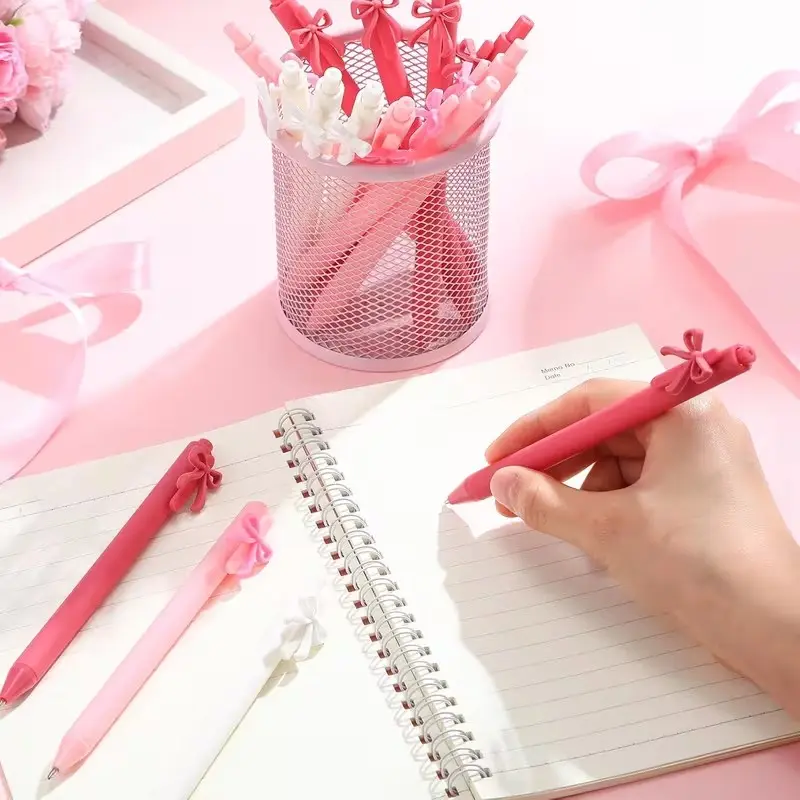 6/12/18pcs Multi-Color Bow Pen Retractable Ballpoint Pen, Retractable ballpen, Black Ink Pen Bow Party Gift Perfect for Girls' Birthday Parties, Office Supplies, Valentine'S Day Gifts Pen Set, Aesthetic Pens, Cute Retractable Pen, Stationery Writing Tools