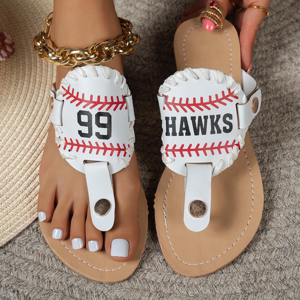 New foreign trade baseball-themed toe-loop sandals featuring the HAWKS team’s number 99. Casual, versatile, flat women’s shoes.