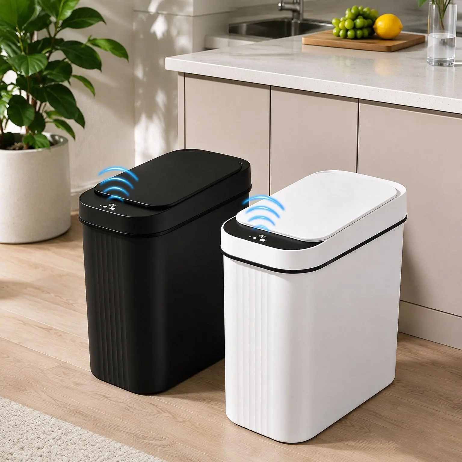 2-Pack Automatic Smart Sensor Trash Can - Waterproof Plastic Hands-Free Indoor Bin for Kitchen Home Waste Management Supplies