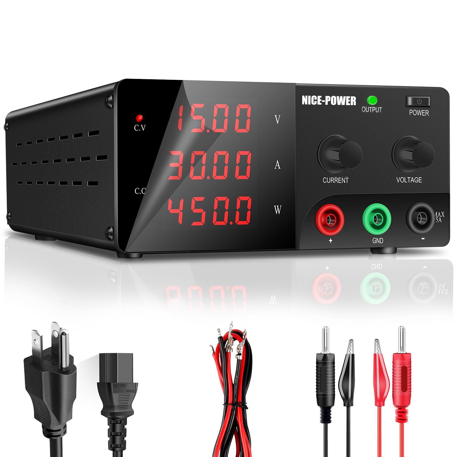 Nice-Power Variable Dc Power Supply, 15v 30a 450w High Power Bench Power Supply, Encoder Knob and Output Switch, Lab Power Supply