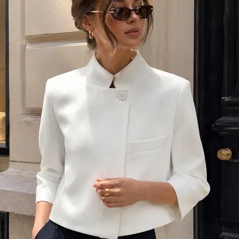 Women's Casual Blazer Jackets, White Summer Jacket, Asymmetric Button Closure, Single Pocket Detail, Minimalist Elegant Clothing, Office Look, Spring Vintage Business Attire, Office Style Blazer