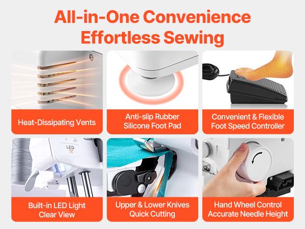 VEVOR Serger Overlock Sewing Machine, 1250 Stitches Per Minute, 2-3-5 Thread Capability, with LED Light and Strong Suction Feet, Heavy-Duty Metal Frame Sewing Machine for Various Fabrics, White