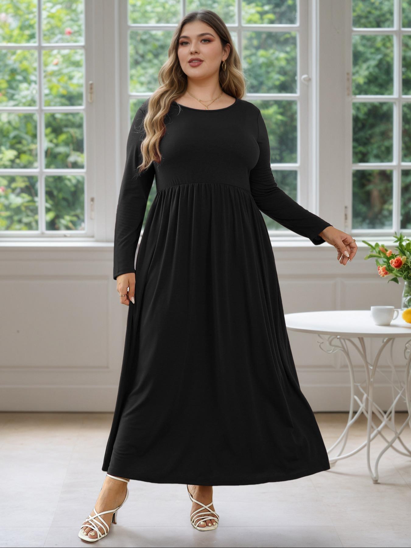 Women's Round Neck Stretchy Casual Maxi Long Plus Size Dress, Perfect for Bridesmaids, Vintage Style Wedding & Party Wear, Comfortable Fabric