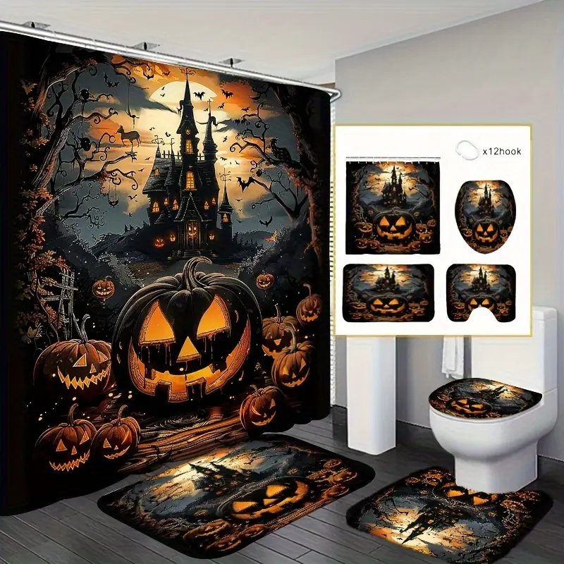 4-Piece Halloween Horror Castle Cartoon Pumpkin Printed Shower Curtain Set, including non-slip mat, toilet cover, carpet and 12 hooks, all-season holiday decoration four-piece shower curtain combination, Halloween decoration