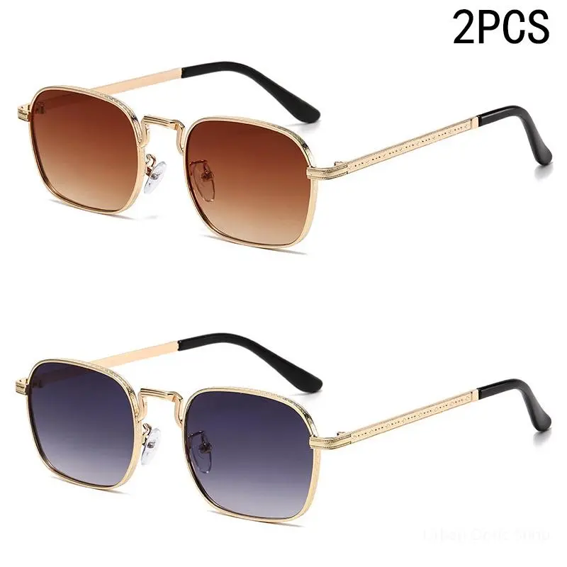 2PCS New Trendy Square‑Oval Metal Frame Sunglasses, UV‑Protection Gradient Tint Sun Glasses, Unique Design Eyewear for Driving & Daily Outdoor Wear