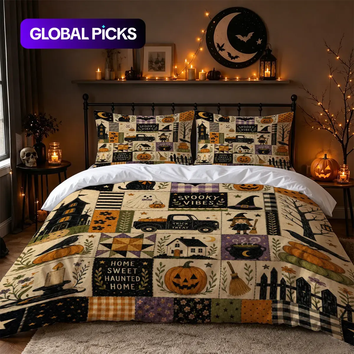 3-Piece Halloween Duvet Cover Set, Vintage Witch Ghost Pumpkin Haunted House Patchwork Print, Gothic Farmhouse Bedding, Includes 1 Duvet Cover and 2 Pillowcases, Soft Washable Bed Set for Bedroom, Dorm and Fall Decor, Comforter Not Included