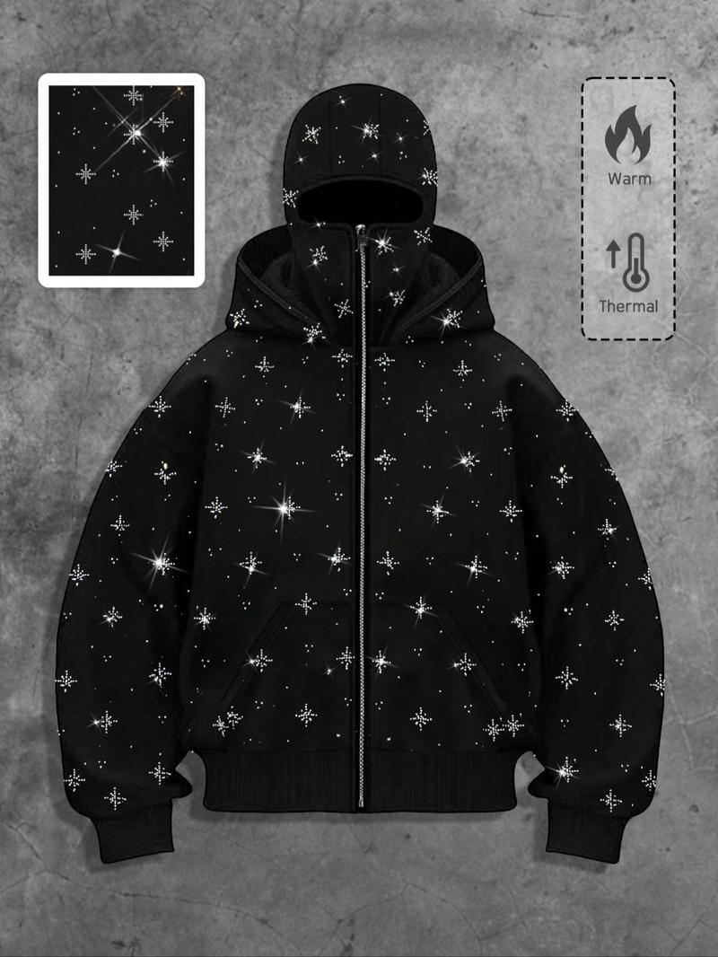 Men's Street Style Rhinestone HooMen's Street Style Rhinestone Hooded Sweatshirt, Pocket and Zip Design, Fall & Winter Wear, Geometric Pattern, Fitted Fitded Sweatshirt, Pocket and Zip Design, Fall & Winter Wear, Geometric Pattern, Fitted Fit